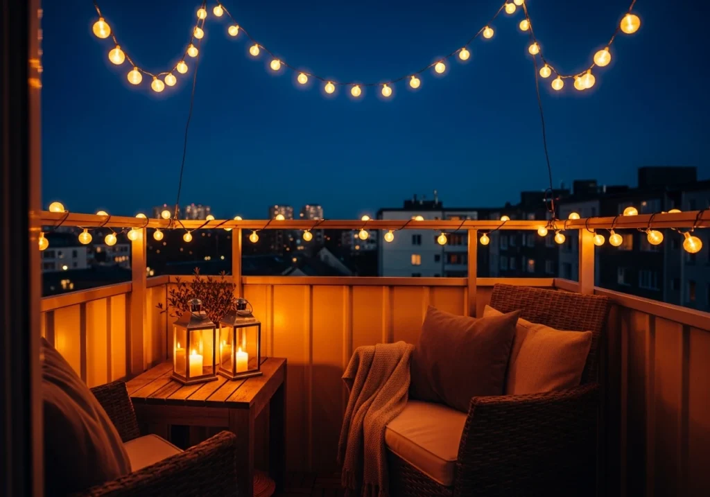 A cozy small balcony at dusk illuminated by warm glowing string lights draped overhead in a zigzag pattern and along the railing perimeter