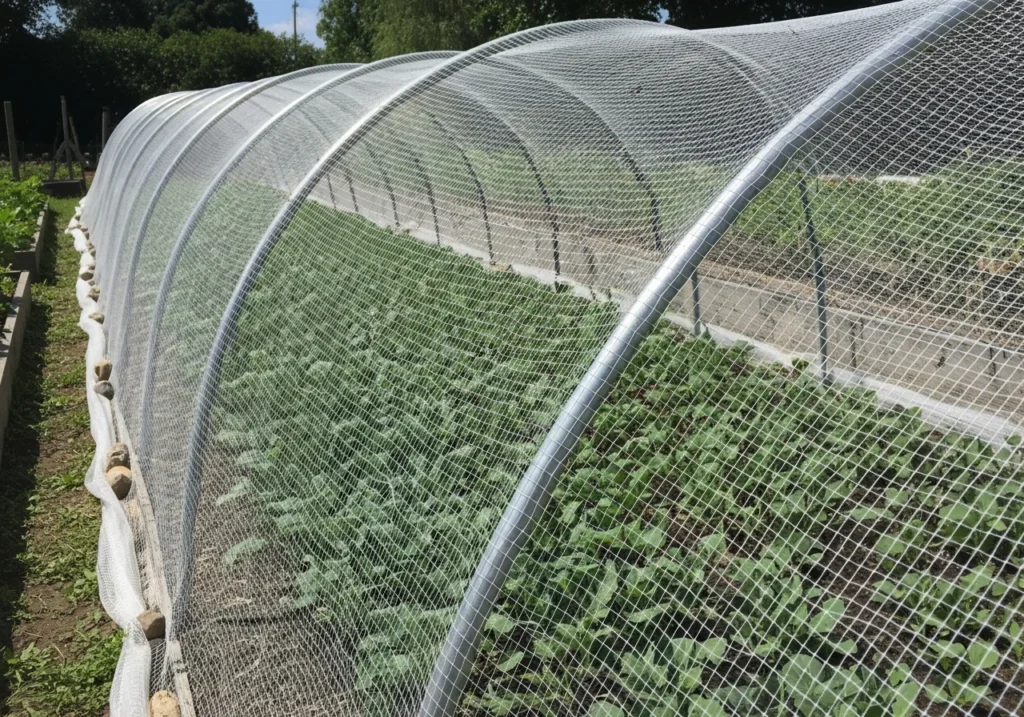 A low tunnel covered with fine white insect netting mesh instead of plastic.