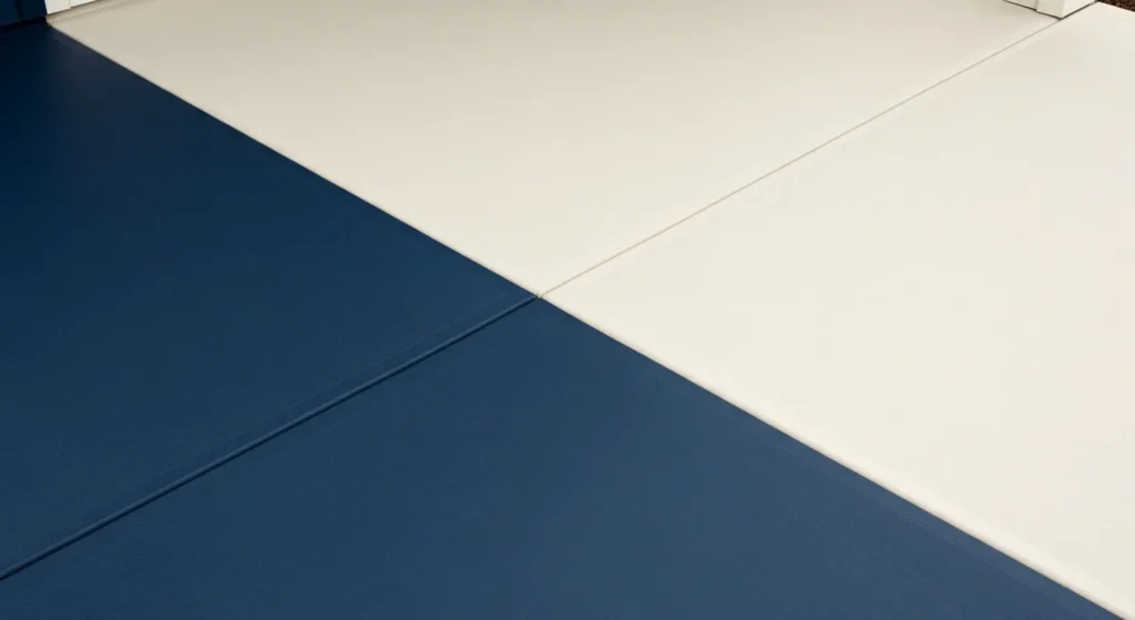 Two-tone diagonal split painted on concrete porch with navy and cream colors