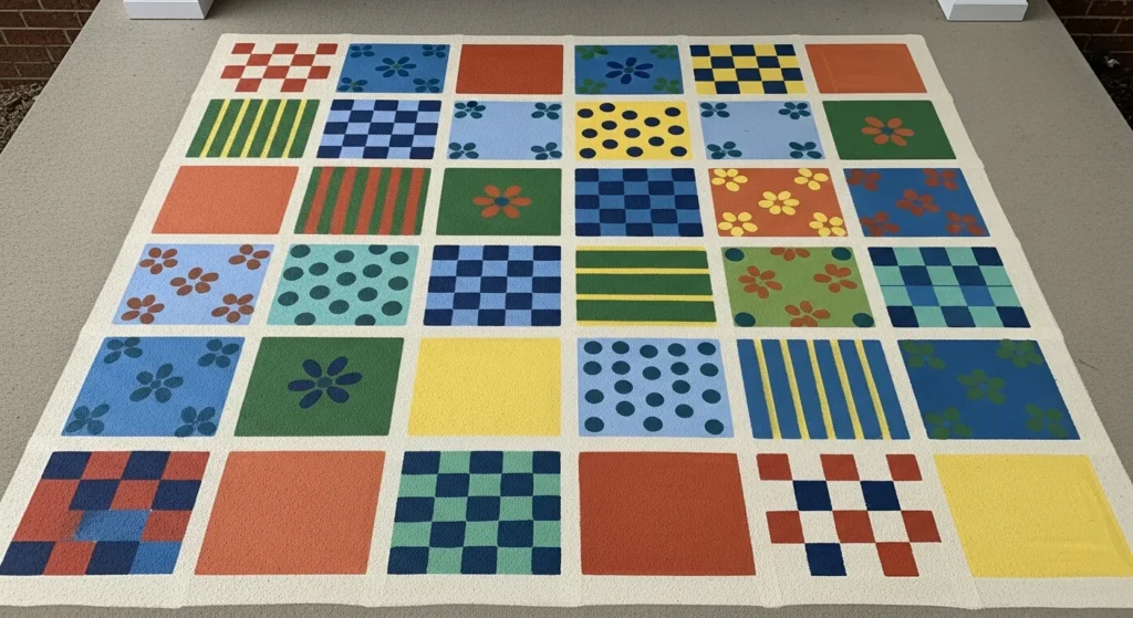 Faux tile squares painted on concrete porch with grout lines and varied designs