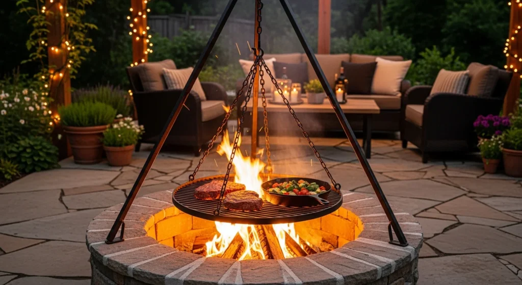 Fire pit grill with adjustable cooking grate suspended over flames