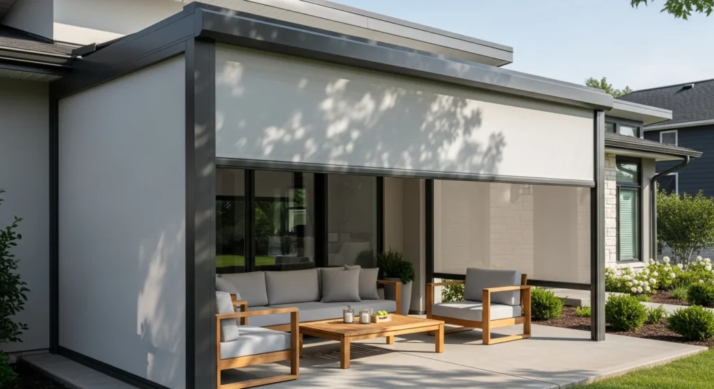 A modern flat porch roof with retractable fabric canopy system.