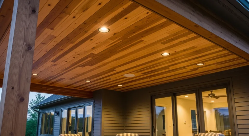 A flat porch roof viewed from beneath showing beautiful timbery