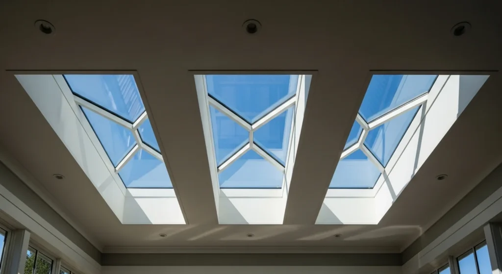 flat porch roof with multiple modern skylights 