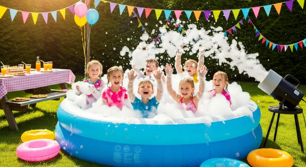 Inflatable pool filled with white foam bubbles with children playing inside
