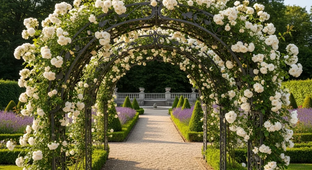 Wrought iron garden arch covered with climbing roses framing formal garden pathway