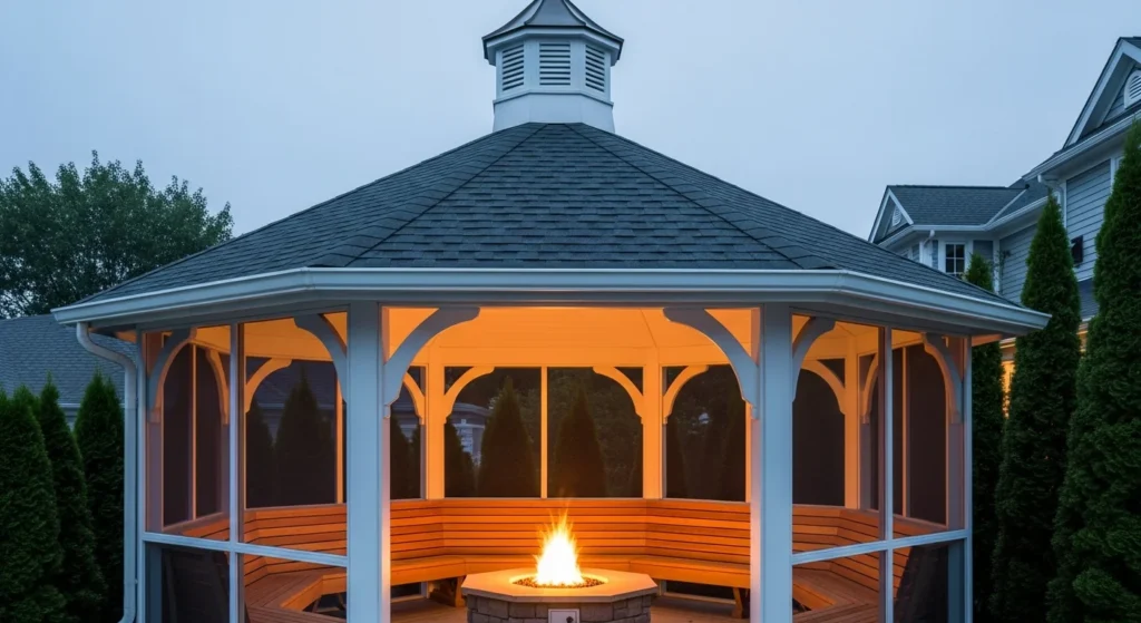 Octagonal gazebo with solid roof sheltering central fire pit and built-in bench seating