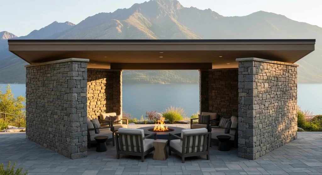 Three-sided stone wall shelter with sloped roof protecting fire pit from wind