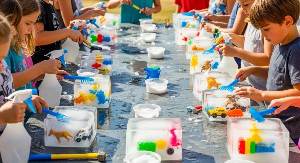  Large blocks of ice with toys frozen inside and tools for excavation on a table
