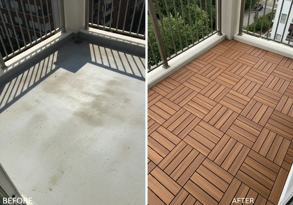 A before and after split view of a balcony floor transformation, one side showing plain gray concrete, other side featuring beautiful wood-look interlocking deck tiles creating a warm spa-like surface, tiles fitted around railing posts, dramatic improvement visible, clear daylight, professional renovation photography, detailed texture of tiles visible, high quality comparison image