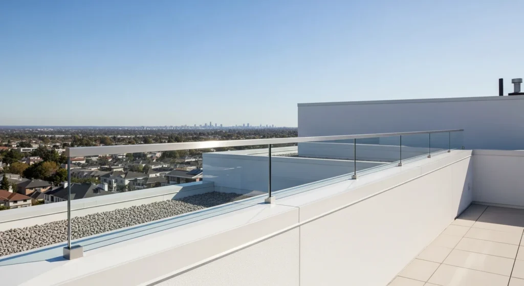 Modern rooftop with glass railing view