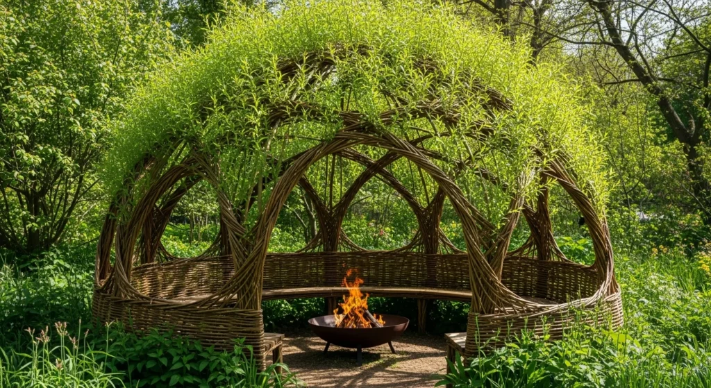 Organic living willow structure woven into dome shape over fire pit with green growth