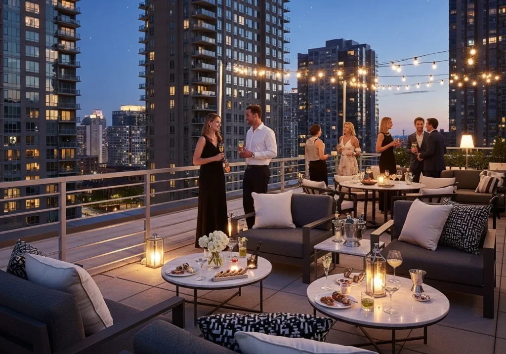 apartment penthouse rooftop with brushed stainless steel railing, sophisticated residents hosting cocktail party.