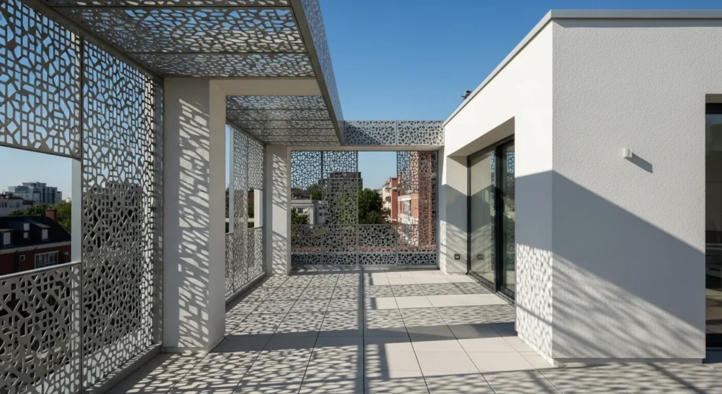 Creative modern rooftop with decorative perforated metal panel railings.