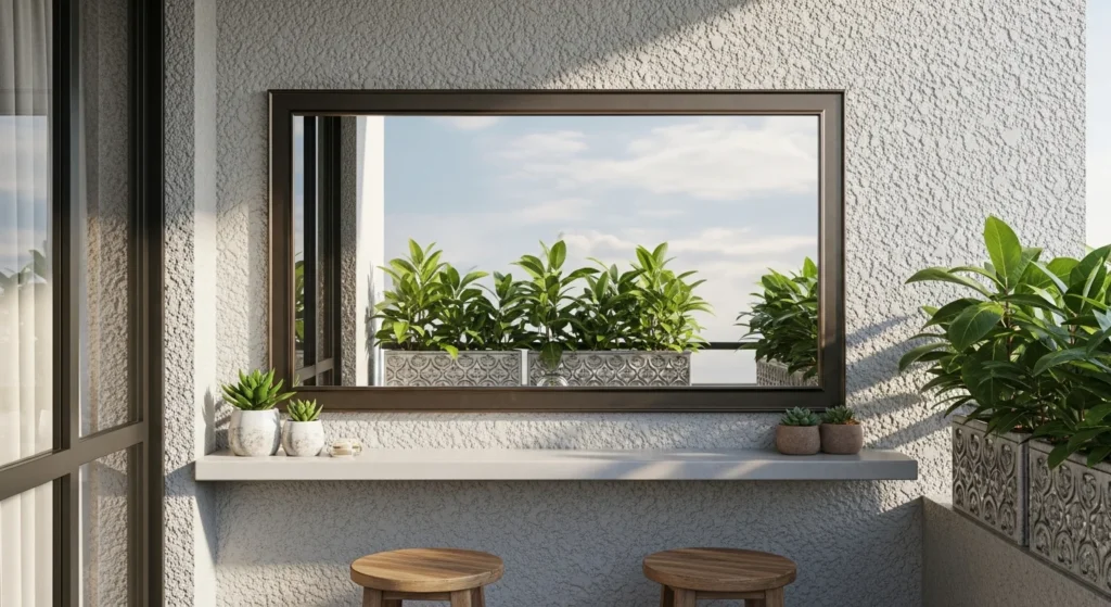 Outdoor mirror mounted on balcony wall behind bar creating illusion of expanded space and reflecting light