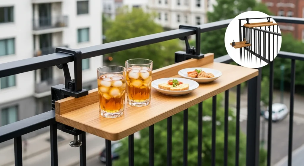 Railing-mounted bar shelf clamped to balcony railing with drinks and plates on surface