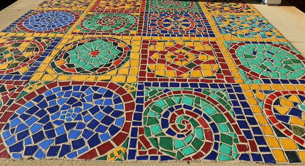Colorful mosaic tile pattern painted on concrete porch with jewel tone colors