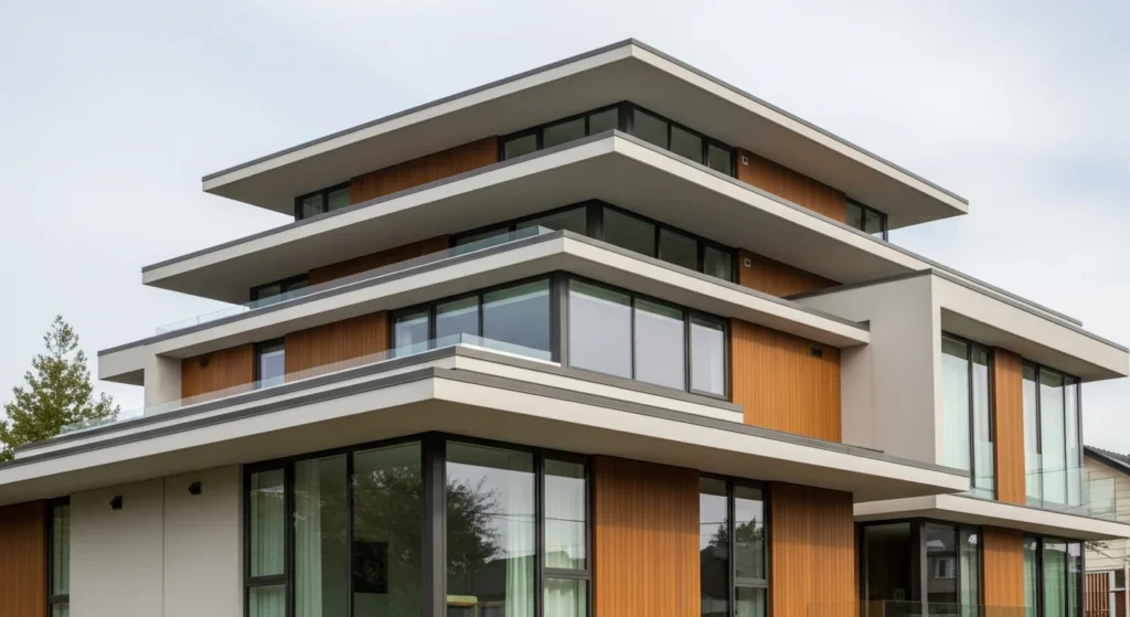 A distinctive multi-level stepped flat roof design 