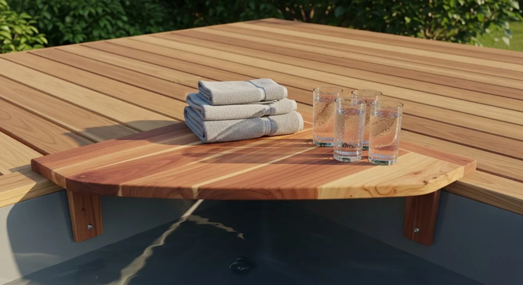 A triangular cedar wood table professionally mounted in the corner of a Hot Tub Table