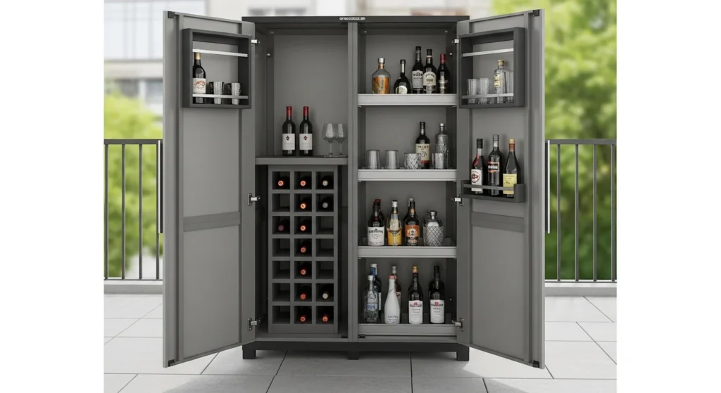 Weather-resistant outdoor bar cabinet with organized interior storage for bottles, glasses, and bar supplies