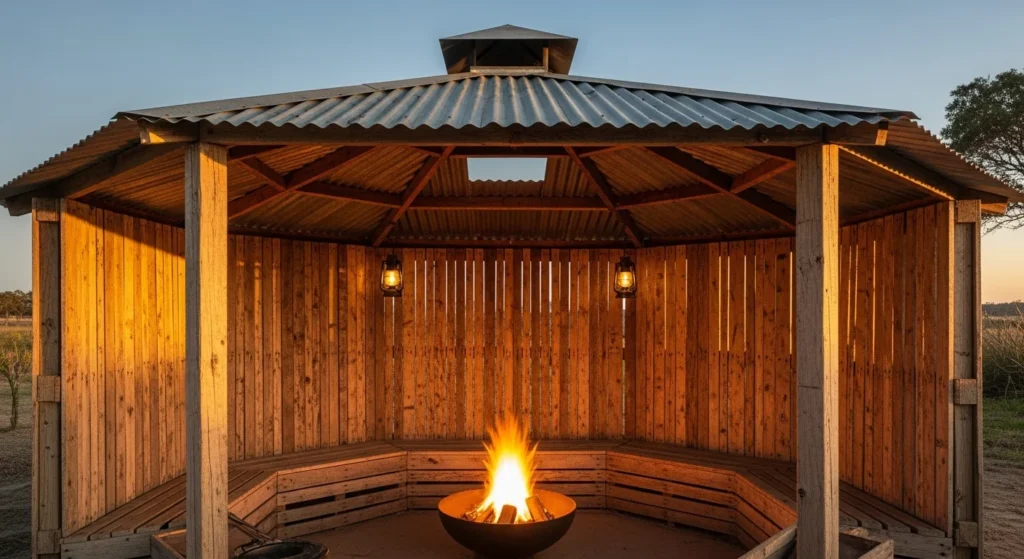 Rustic reclaimed pallet wood shelter with corrugated metal roof over fire pit