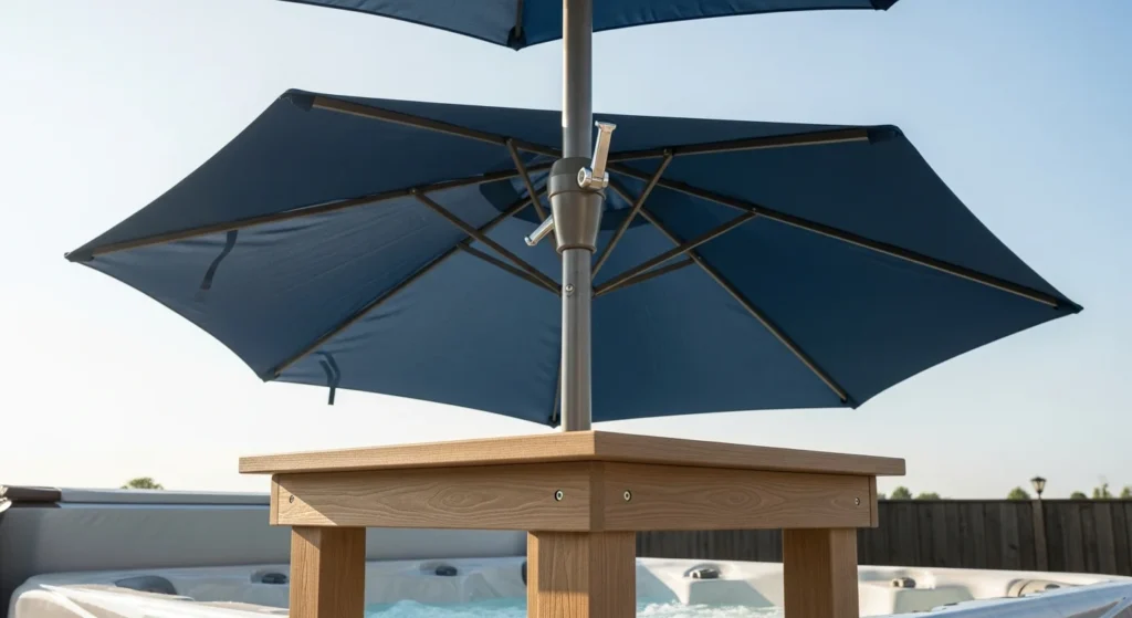 A hot tub side table with a large patio umbrella pole passing through the center.