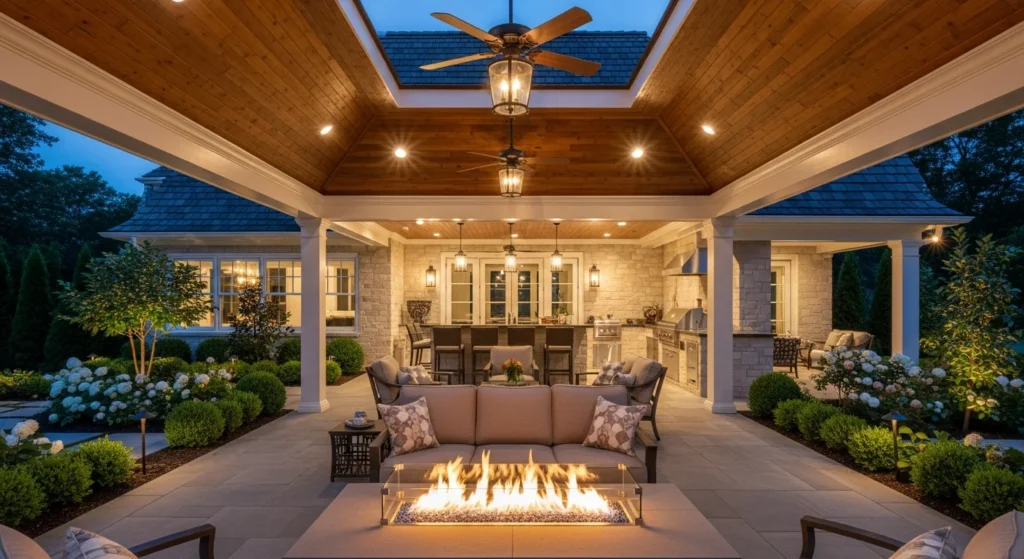 Large elegant pavilion with four-post construction and finished ceiling over fire pit lounge area