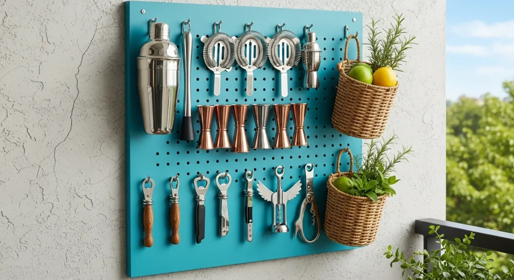 Wall-mounted pegboard organization system with hanging bar tools, baskets, and cocktail equipment on balcony