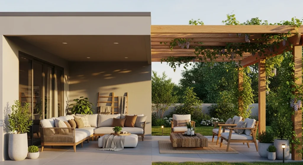  hybrid porch roof combining solid flat roof section with open pergola structure