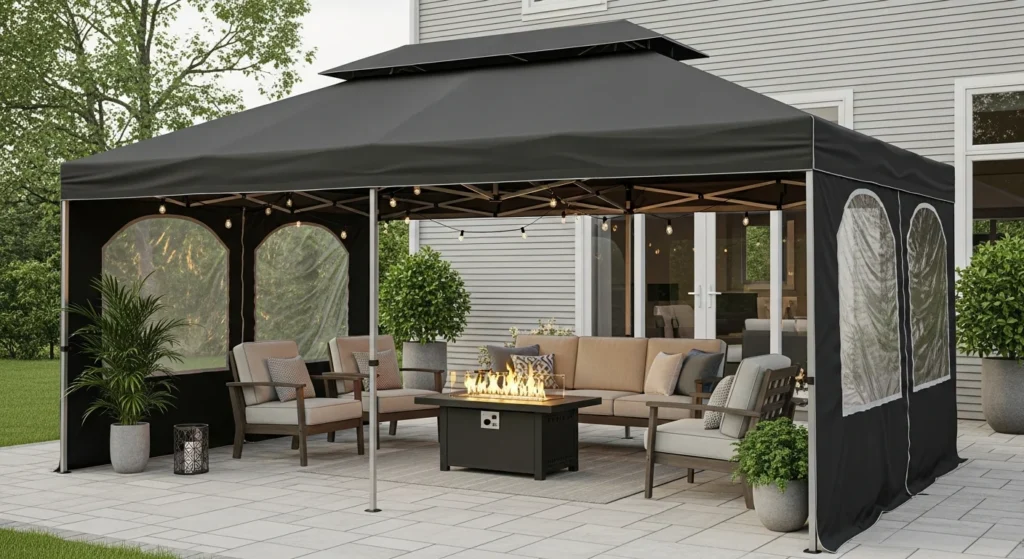 Heavy-duty portable canopy tent over fire pit with weather-resistant fabric roof