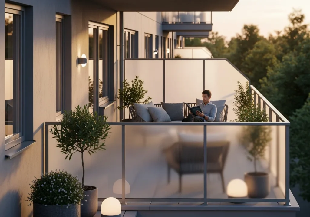 Private apartment terrace with frosted glass privacy screen railing.