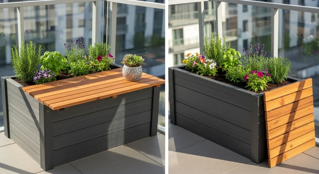 Convertible planter box with removable top serving as both garden container and additional balcony bar surface