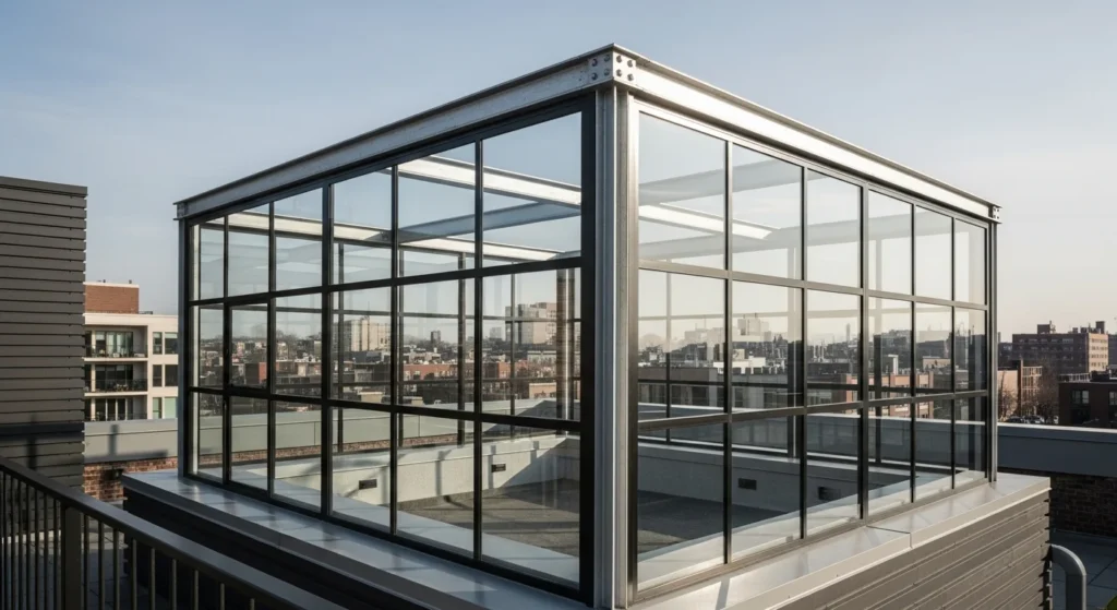Stylish rooftop terrace with glass panels set in black metal frames, geometric grid pattern.