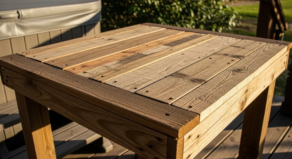 A rustic hot tub table constructed from reclaimed pallet wood.

