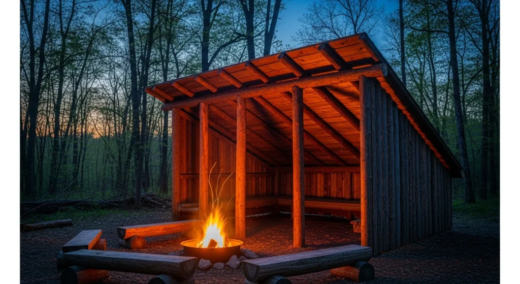 Simple rustic lean-to shelter with single sloped roof protecting fire pit area
