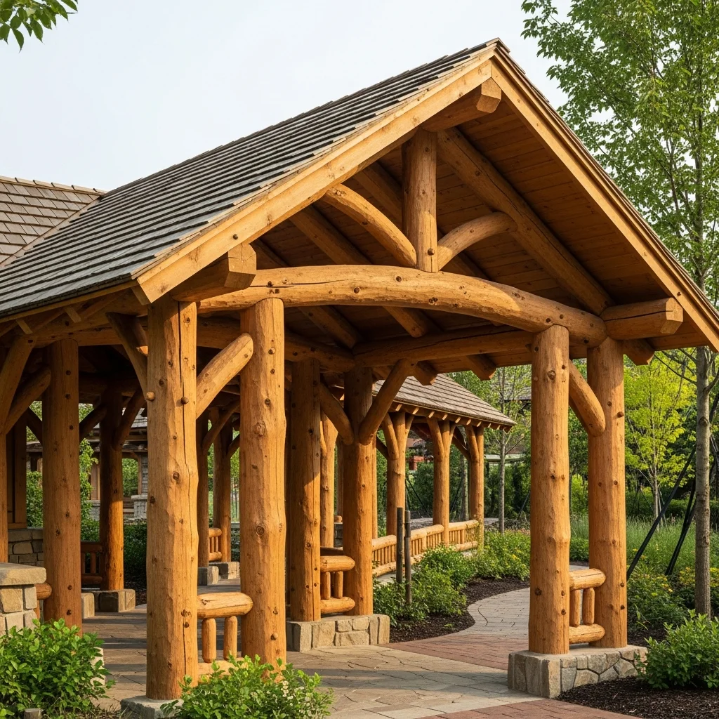 A rustic timber frame walkway canopy with natural wood posts and exposed beam construction