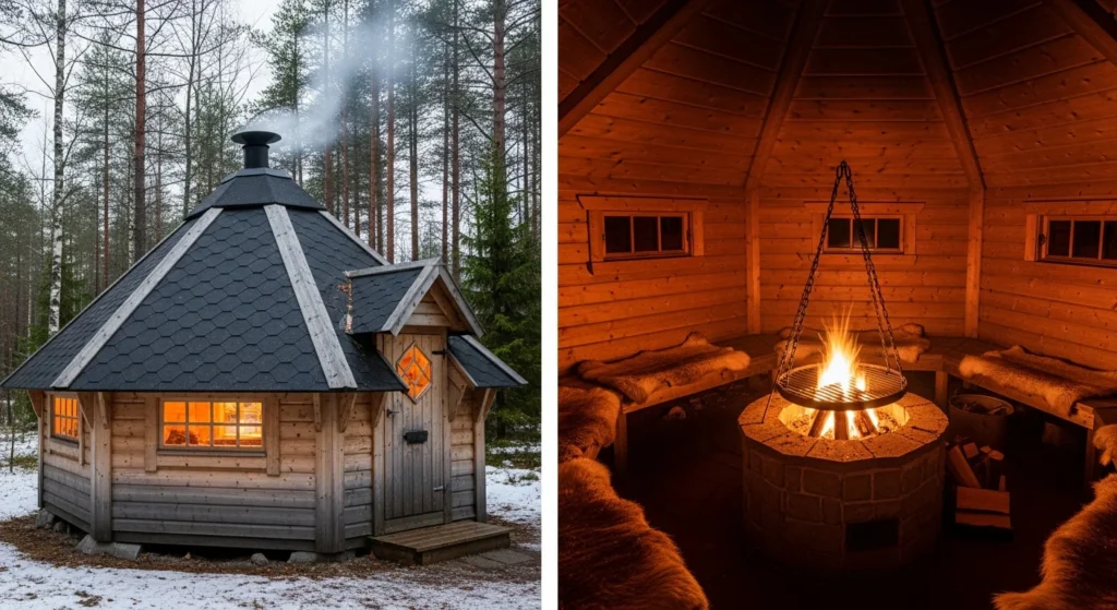 Traditional hexagonal Scandinavian BBQ hut with steep pyramid roof and central fire pit