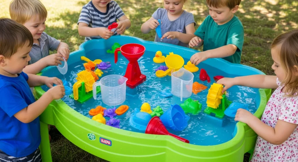 Water table filled with toys, funnels, and measuring cups for children's sensory play

