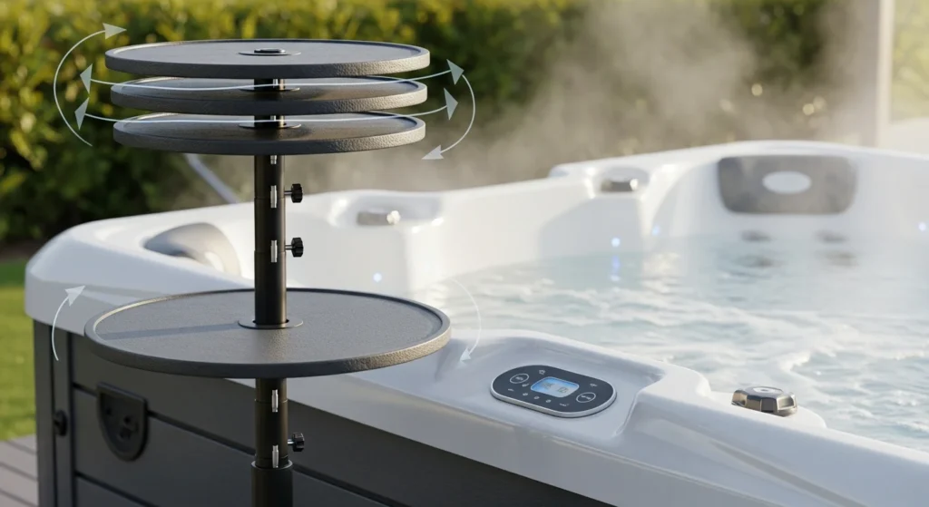 A freestanding hot tub side table with a telescoping pole mechanism 