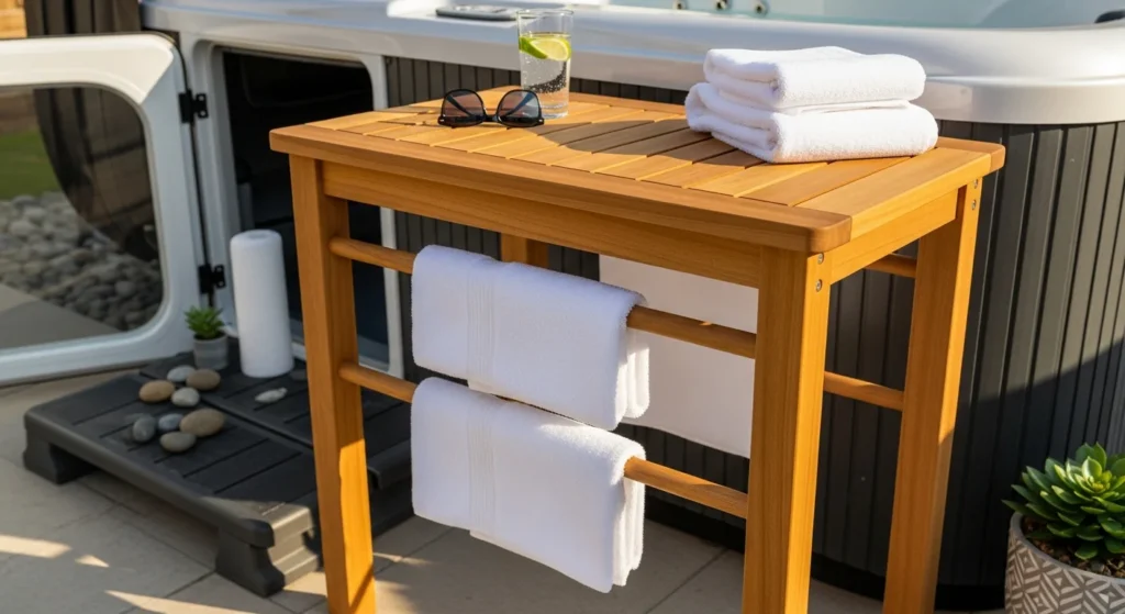 A practical side table with integrated horizontal towel bars 