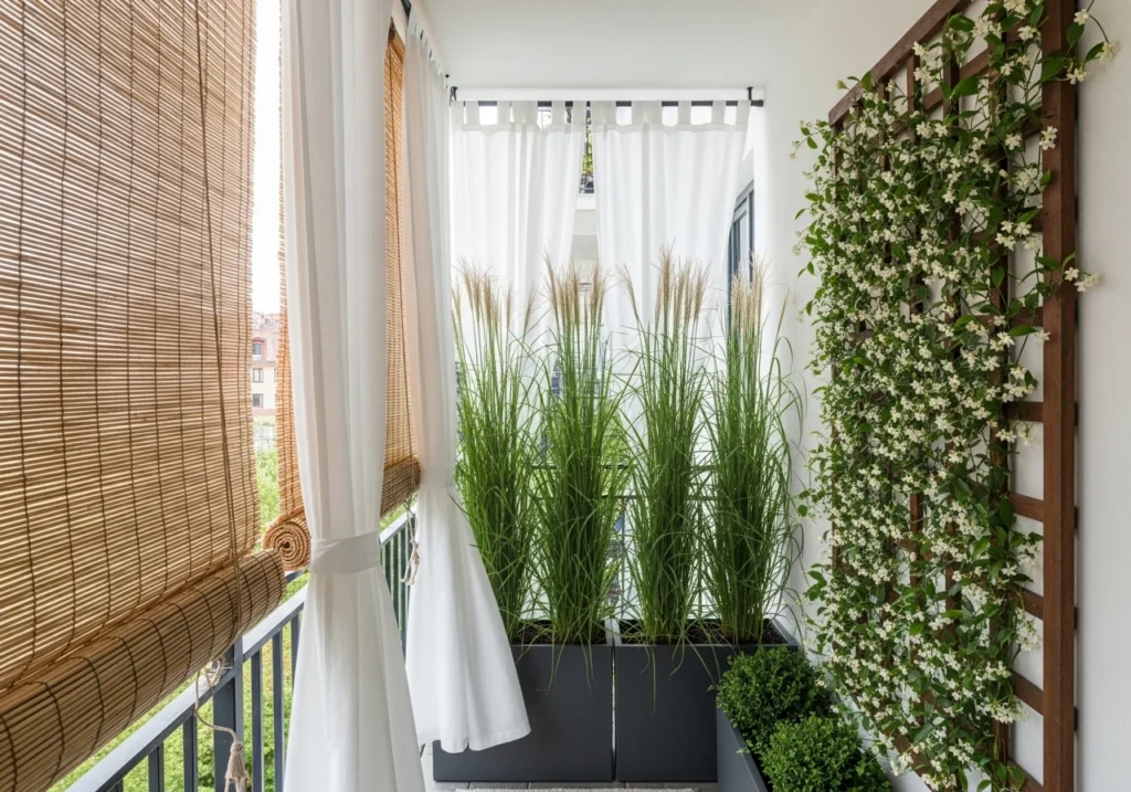 small apartment balcony showcasing privacy solutions