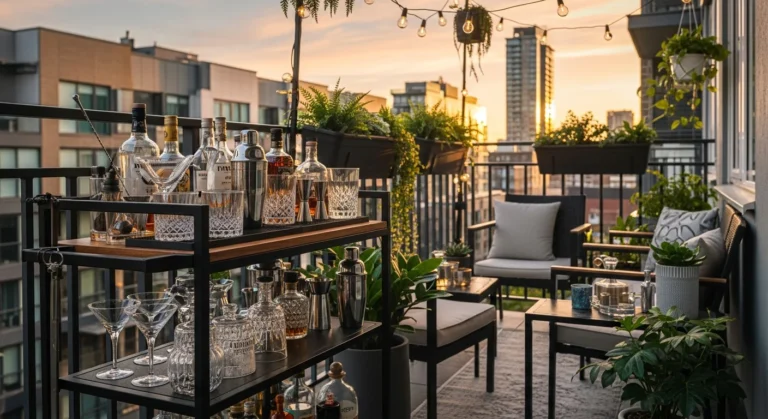 Creative small balcony bar setup with modern furniture, string lights, bar cart, and plants overlooking city view