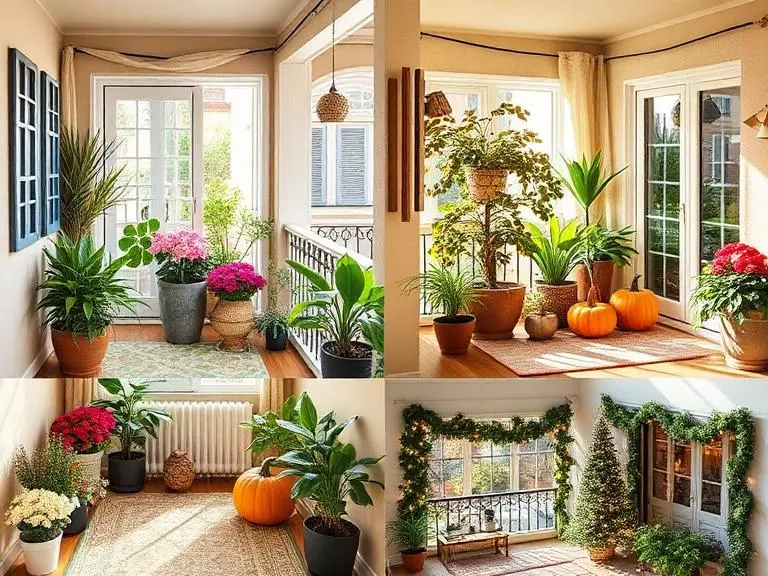 A four-season collage of the same small balcony showing seasonal transformations: spring with pastel flowers