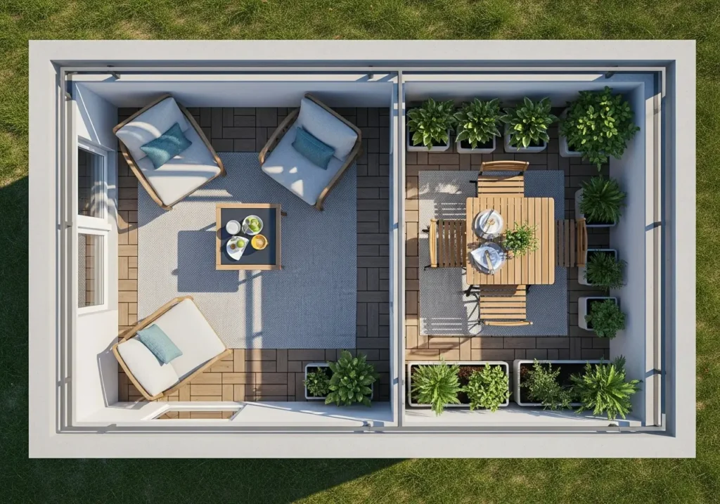 An overhead aerial view of a small rectangular balcony clearly divided into three distinct zones: a seating corner with two chairs and small table.