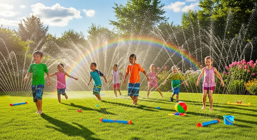 Multiple lawn sprinklers creating water arcs and patterns across a backyard with children running through the spray