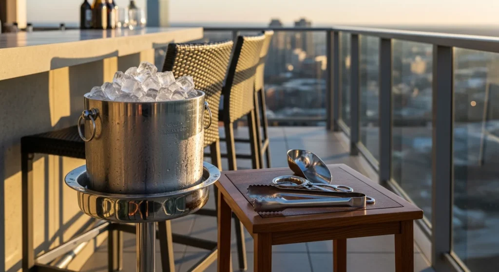 Standalone ice bucket station with galvanized bucket on stand and bar tools for balcony entertaining