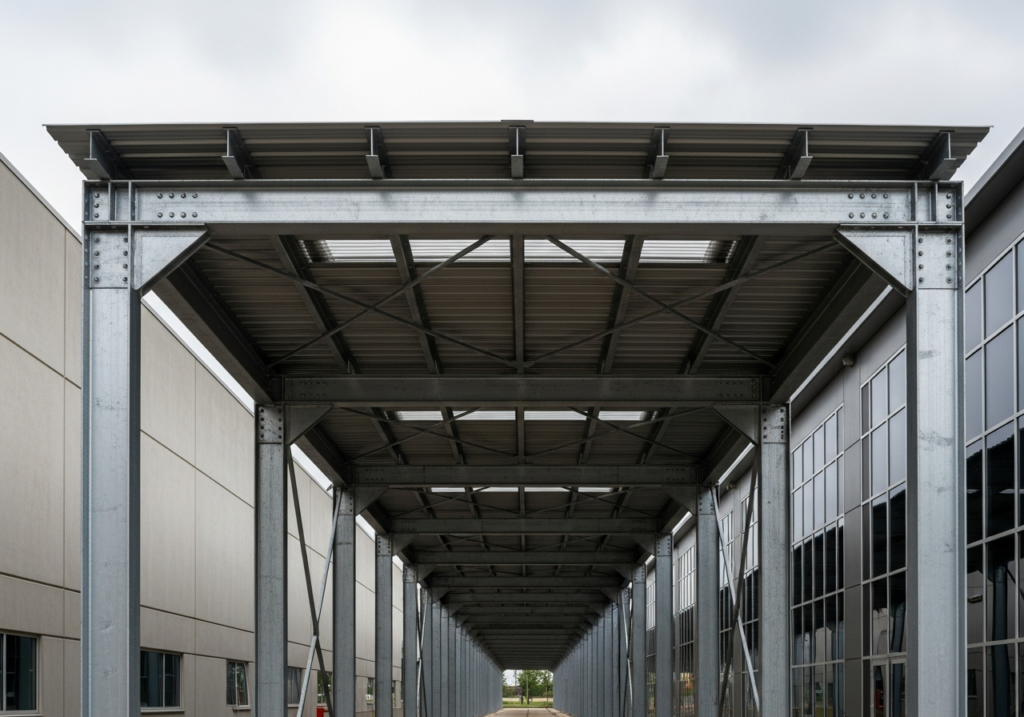A heavy-duty steel frame walkway canopy with industrial strength construction.
