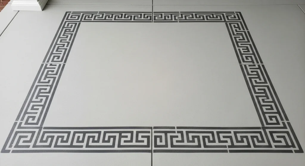 Stenciled Greek key border pattern around concrete porch with solid center