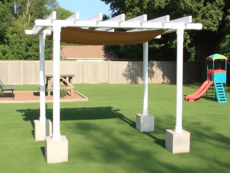 A sturdy rectangular PVC pipe frame structure with four corner bases made from decorative planters filled with concrete, white PVC framework creating a pergola-like overhead grid, tan shade.