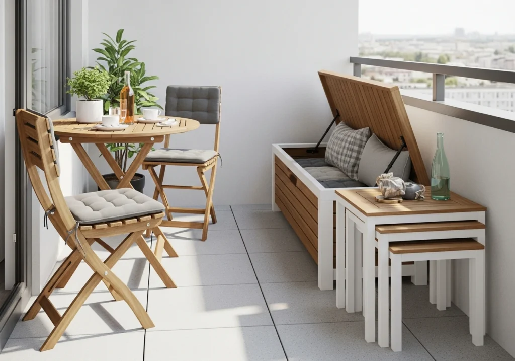 A stylish small balcony featuring a wooden folding bistro set with two chairs and a round table, a storage bench with open lid showing cushions inside,